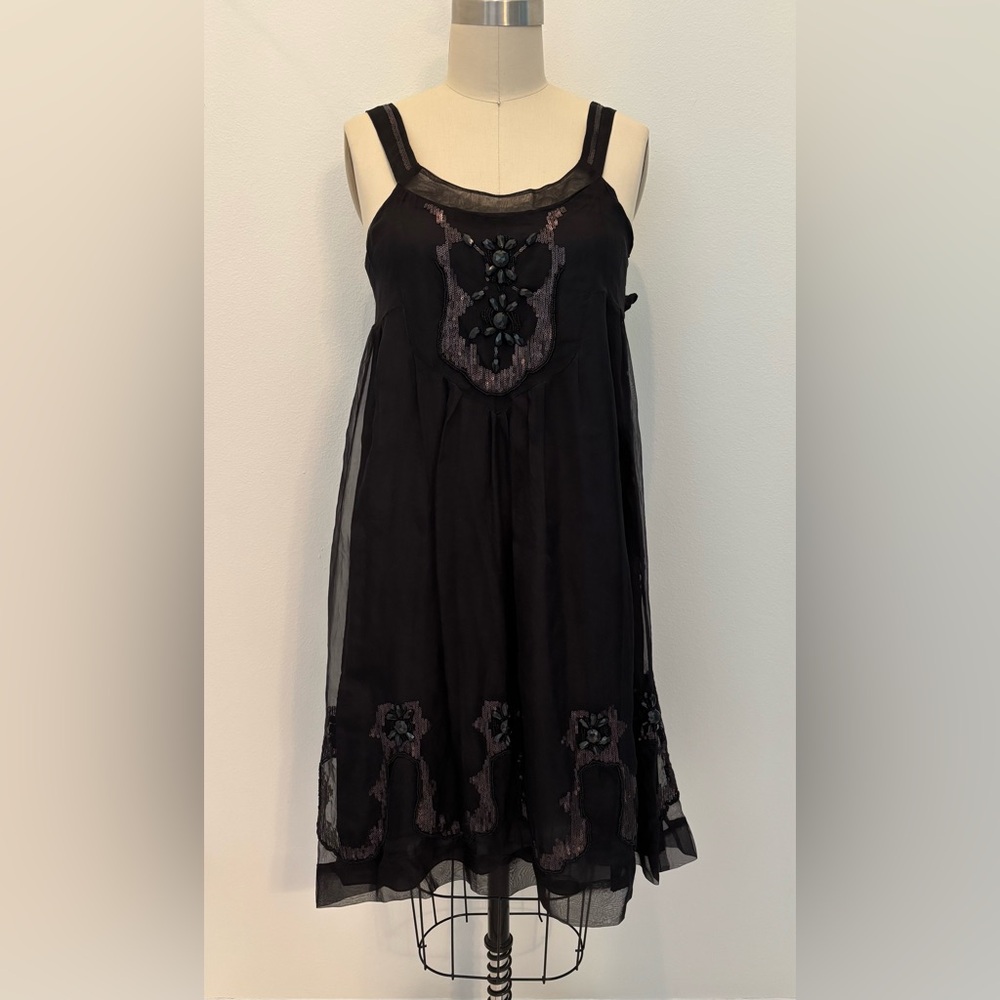Johnny Was Biya Cocktail Dress Beaded Black & Charcoal Silk Knee Length S